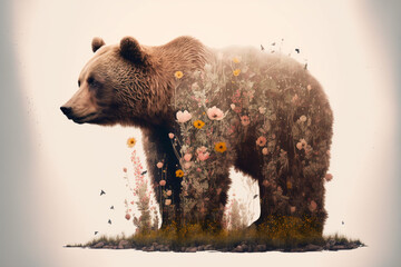 Wall Mural - Minimal style double exposure with a bear and forest. Generative Ai. 