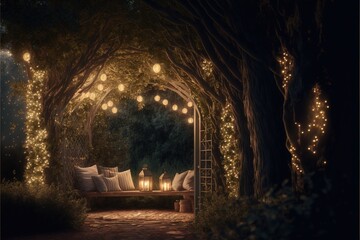 Wall Mural -  a bench under a canopy of lights under a tree filled with lights and pillows on a patio area with a bench and pillows on the ground under the canopy, and a lot of lights. Generative AI