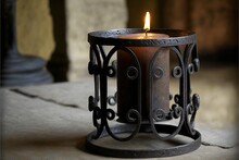 A Candle Is Lit In A Wrought Iron Candle Holder On A Table In A Dark Room With A Stone Floor And A Stone Wall Behind It, With A Wrought Iron Frame And A Candle. Generative AI