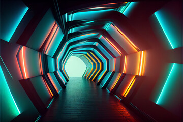 Poster - Beautiful Abstract polygonal  Round light underground tunnel, light corridor, neon light.