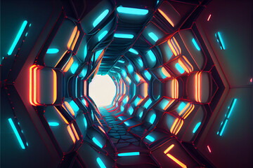 Poster - Beautiful Abstract polygonal  Round light underground tunnel, light corridor, neon light.