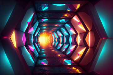 Poster - Beautiful Abstract polygonal  Round light underground tunnel, light corridor, neon light.