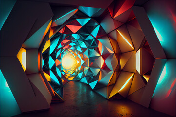 Poster - Beautiful Abstract polygonal  Round light underground tunnel, light corridor, neon light.