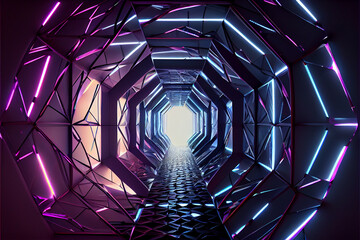 Poster - Beautiful Abstract polygonal  Round light underground tunnel, light corridor, neon light.