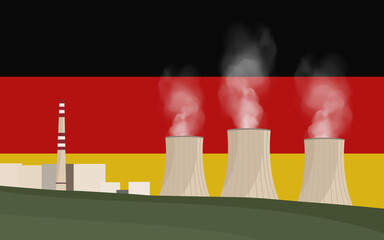 Nuclear power plant in Germany. Electricity generation production. Power station on Germany flag background. Nuclear power stations vector illustration