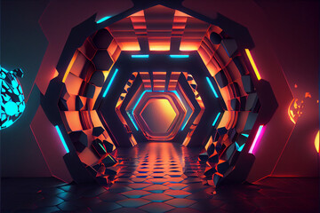 Poster - Beautiful Abstract polygonal  Round light underground tunnel, light corridor, neon light.