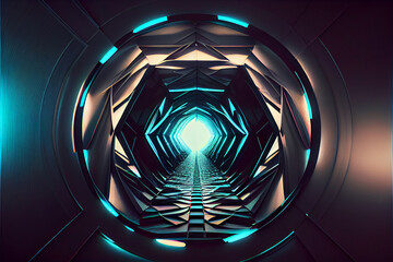 Poster - Beautiful Abstract polygonal  Round light underground tunnel, light corridor, neon light.