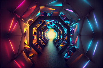 Poster - Beautiful Abstract polygonal  Round light underground tunnel, light corridor, neon light.