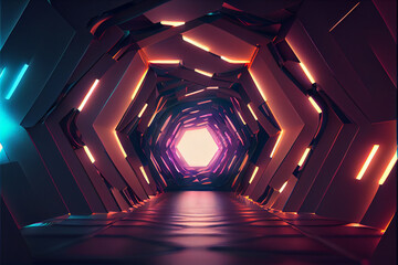 Poster - Beautiful Abstract polygonal  Round light underground tunnel, light corridor, neon light.