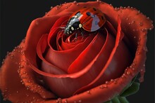  A Lady Bug Sitting On Top Of A Red Rose With Water Droplets On It's Petals And On Its Back Legs, On A Black Background With A Black Background With A Red Rose With A. Generative AI