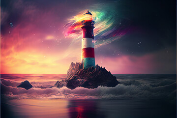 Fototapete - beautiful abstract surreal geometric landscape lighthouse collage concept, contemporary colors and m