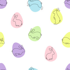 Wall Mural - Seamless pattern with Eastern bunny eggs vector illustration. Standing, running, sitting and jumping linear rabbits in eggs silhouettes. Simple hares. Pastel colors