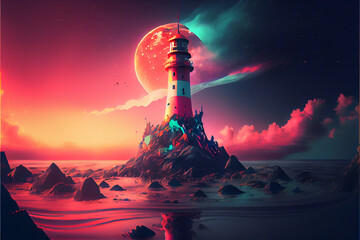 Aufkleber - Beautiful abstract surreal geometric landscape lighthouse collage concept, contemporary colors and mood  