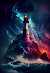 Aufkleber - Beautiful abstract surreal geometric landscape lighthouse collage concept, contemporary colors and mood  