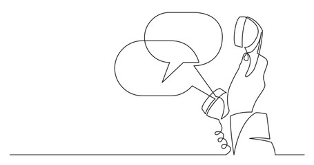 Poster - continuous line drawing vector illustration with FULLY EDITABLE STROKE of woman hand holding phone receiver with speech bubbles with copy space