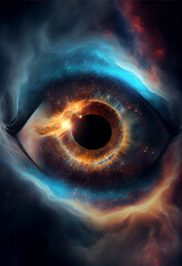 Poster - Close up Abstract eye concept looking on a nebula dust in infinite space background 