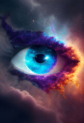 Poster - Close up Abstract eye concept looking on a nebula dust in infinite space background 