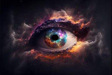Poster - Close up Abstract eye concept looking on a nebula dust in infinite space background 