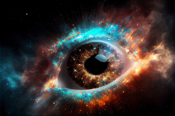 Poster - Close up Abstract eye concept looking on a nebula dust in infinite space background 