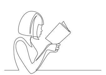 Poster - continuous line drawing vector illustration with fully editable stroke of young woman reading book