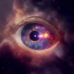 Poster - Abstract eye concept looking on a nebula dust in infinite space background . Mixed media.