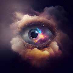 Poster - Abstract eye concept looking on a nebula dust in infinite space background . Mixed media.