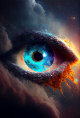 Poster - Abstract eye concept looking on a nebula dust in infinite space background . Mixed media.