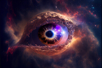 Poster - Abstract eye concept looking on a nebula dust in infinite space background . Mixed media.