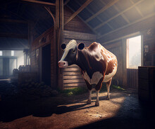 A Cow In Village Barn. Environmentally Friendly Products..