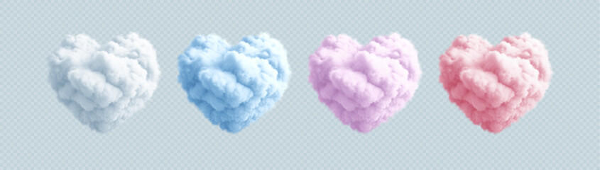 Wall Mural - set of fluffy heart cloud. white, blue, pink and purple color. concept design for valentines day pos