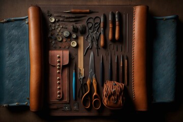  a leather case with a variety of sewing tools and tools in it, including scissors, needles, and other items, on a table top view of a leather case with a leather lining. Generative AI