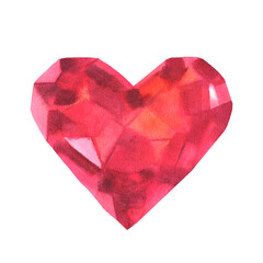 Watercolor illustration of heart diamond crystal in pink colored gemstone. Hand drawn of jewelry decorative isolated in white background.