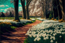  A Painting Of A Path With White Flowers On It And Trees In The Background With Blue Sky And Clouds Above It And A Path Of Daffodils Leading To A Park With White Flowers. Generative AI