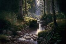  A Painting Of A Stream In A Forest With Rocks And Trees On The Side Of It And A Stream Running Through The Middle Of The Forest With Rocks And Trees On The Side Of The. Generative AI