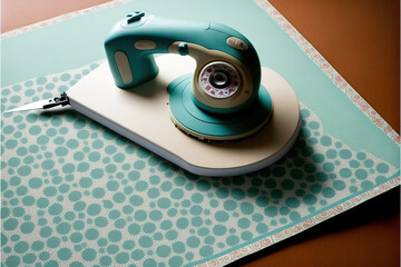 Sticker -  a teal colored electric iron on a table top with a blue and white pattern on it and a white and black cord on the cord of the iron is attached to the cord. Generative AI