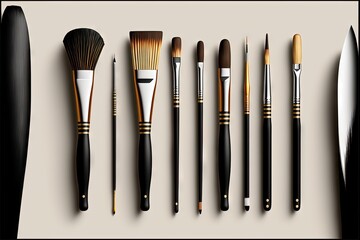 Sticker -  a collection of brushes and brushes with a black handle and gold tips on a beige background with a black and white stripe around the brushes and a black stripe on the bottom of the top. Generative AI