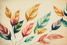 A Painting Of A Bunch Of Leaves On A White Background With A Brown Background And A Green, Red, And Yellow Leaf On The Left Side Of The Image Is A Branch With A Few Leaves. Generative AI