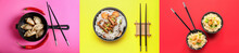 Group Of Tasty Chinese Food On Color Background