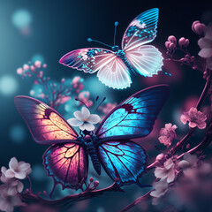 Poster - butterflies tender bright beautiful perfect against the background of branches of a flowering spring tree very gentle and cute on a pastel background