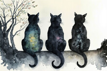 Three Black Cats Sitting On A Wall Showing Thier Backs  Watercolor, Halloween Generative AI