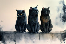Three Black Cats Sitting On A Wall Watercolor Halloween, Generative AI