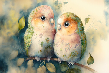 Wall Mural - Two lovebirds sitting on a branch looking at each other watercolor, Generative AI