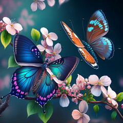 Sticker - butterflies tender bright beautiful perfect against the background of branches of a flowering spring tree very gentle and cute on a pastel background