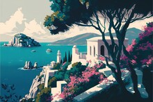  A Painting Of A Scenic View Of A Sea And A Town With A Mountain In The Background And A Blue Sky With Clouds And A Few White Buildings On The Top Of The Water. Generative AI
