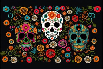 Day of the Dead skulls pattern. Day of the dead and mexican Halloween texture. Mexican tradition festival. Day of the dead sugar skull isolated. Dia de los Muertos tattoo. Generative AI