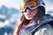 © ZoomTeam - skier woman with ski, winter, snowflakes. Ai Generative