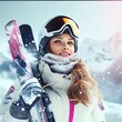© ZoomTeam - skier woman with ski, winter, snowflakes. Ai Generative
