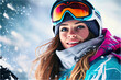 © ZoomTeam - skier woman with ski, winter, snowflakes. Ai Generative