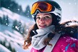 © ZoomTeam - skier woman with ski, winter, snowflakes. Ai Generative