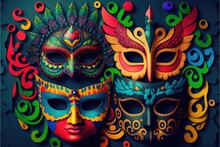 Colorful Beautiful Ethnic Carnival Masks. Generative AI
